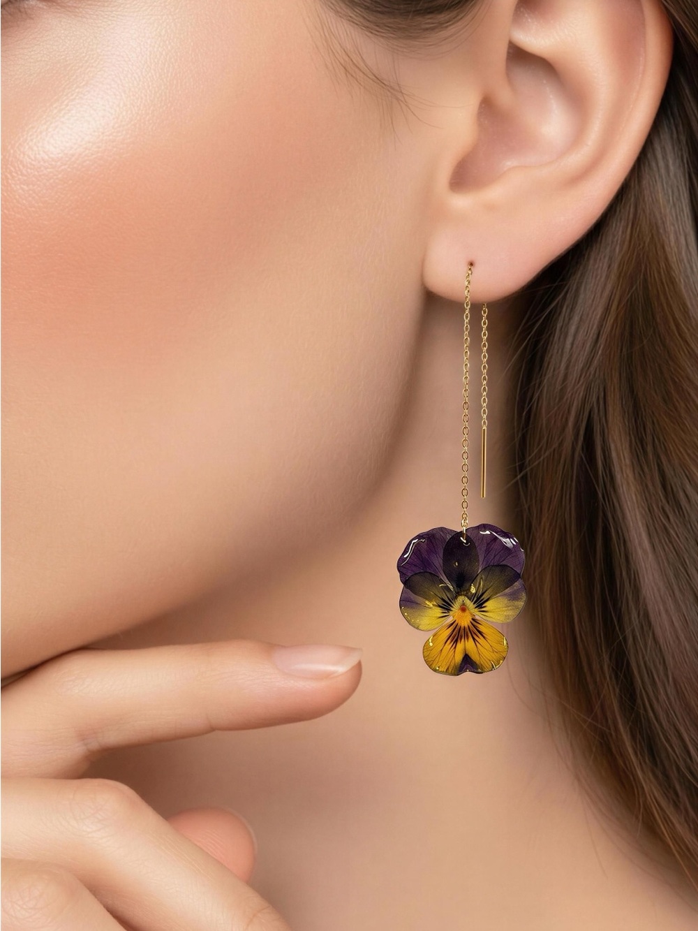 Delicate Purple & Yellow Pansy Drop Earrings - Women's Floral Jewelry